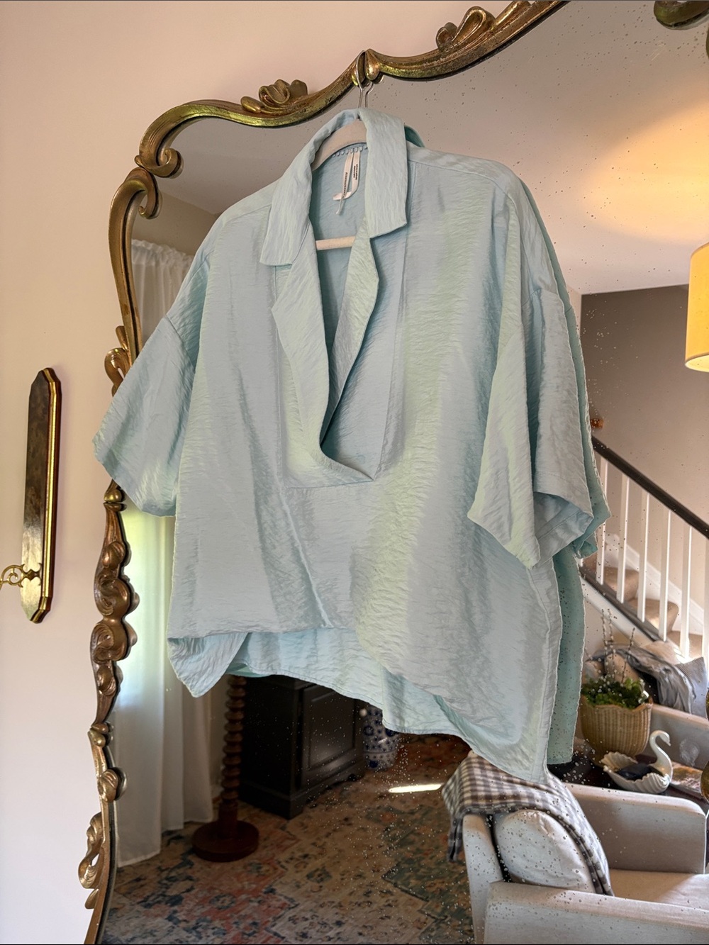 Anthropologie Light Blue Crinkled V-Neck Popover Top
